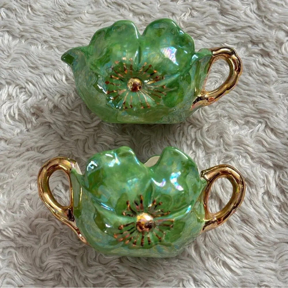 Vintage Midcentury 50s Green Floral Ceramic Bowls with Gold Handles Cream Sugar